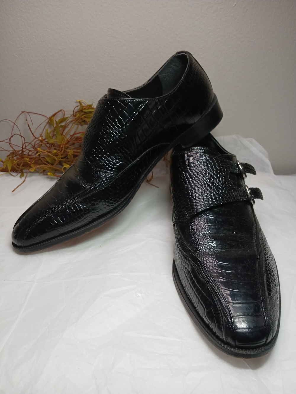 Stacy Adams Black Croc-Embossed Double Monk Strap Loafers Mens Sz 12M Designer